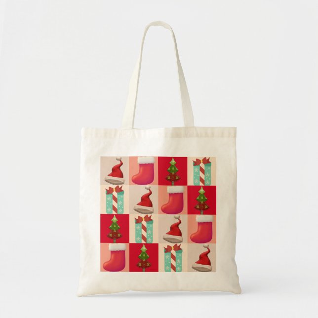 COLORFUL CHRISTMAS PRESENTS SANTA CANDY  TREE TOTE BAG (Front)