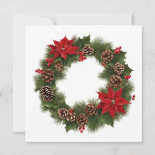 Colorful Christmas Red Poinsettia, Pinecone Wreath Holiday Card