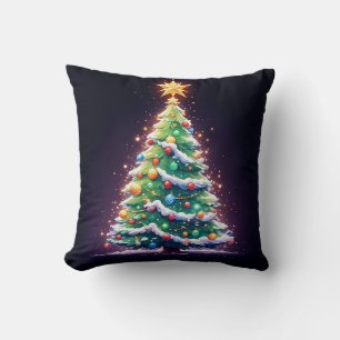 Colorful Christmas Tree Decorated with Lights Cushion