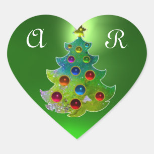 COLORFUL CHRISTMAS TREE IN GREEN GOLD SPARKLES HEART STICKER