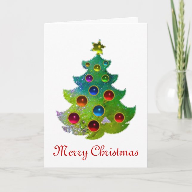 COLORFUL CHRISTMAS TREE IN GREEN GOLD SPARKLES HOLIDAY CARD (Front)