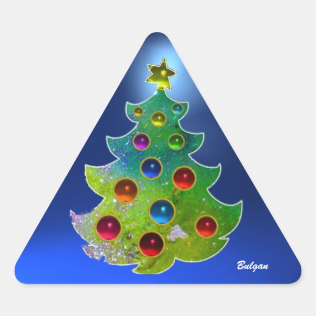 COLORFUL CHRISTMAS TREE IN GREEN GOLD SPARKLES TRIANGLE STICKER (Front)