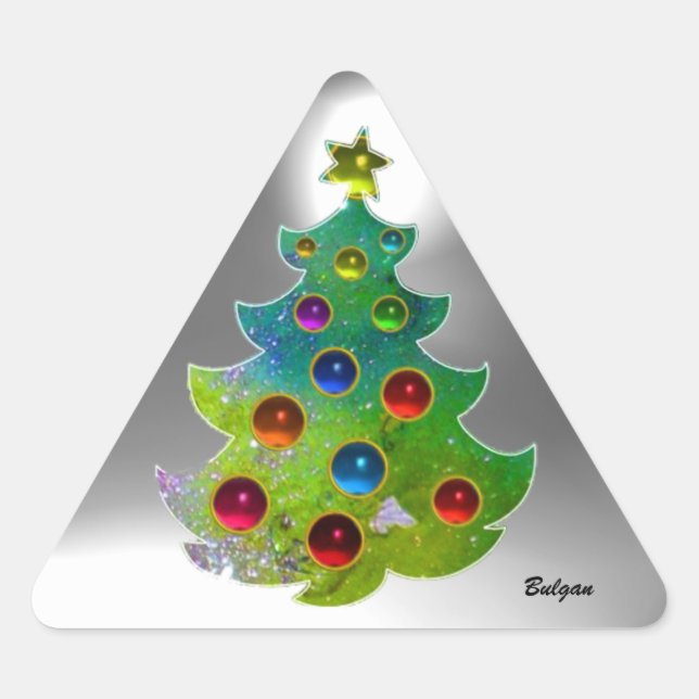 COLORFUL CHRISTMAS TREE IN GREEN GOLD SPARKLES TRIANGLE STICKER (Front)