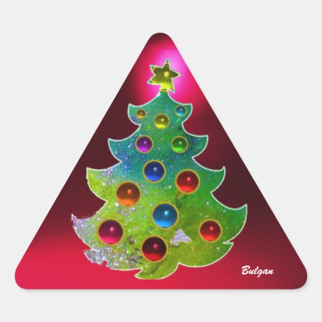 COLORFUL CHRISTMAS TREE IN GREEN GOLD SPARKLES TRIANGLE STICKER (Front)