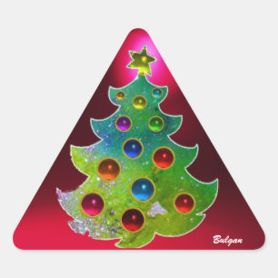 COLORFUL CHRISTMAS TREE IN GREEN GOLD SPARKLES TRIANGLE STICKER