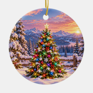 Colorful Christmas Tree in Snowy Mountain Setting Ceramic Tree Decoration