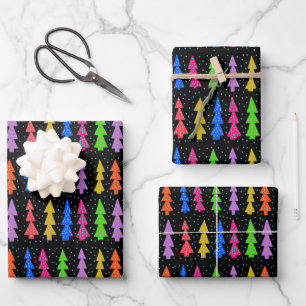 Colorful Christmas Trees on Black Wrapping Paper Sheet