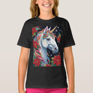 Colorful Christmas Unicorn With Poinsettias T-Shirt