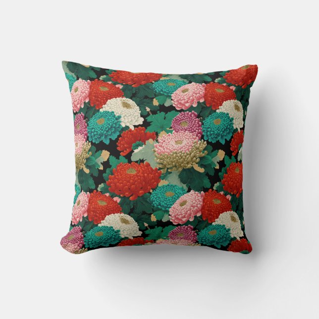 Colorful Chrysanthemum Flowers Botanical Patttern Cushion (Front)