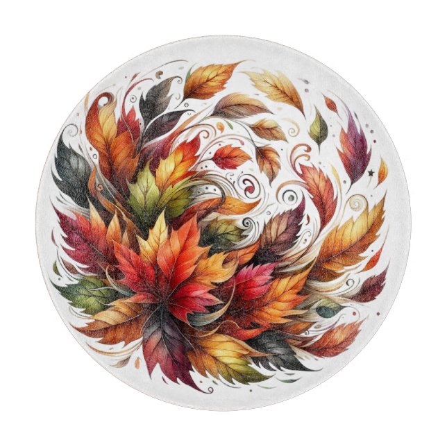COLORFUL CIRCLE OF FALL AUTUMN LEAVES CUTTING BOARD (Front)