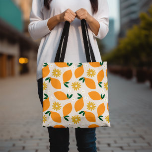 Colorful Citrus Lemon and Daisy Floral Pattern Tote Bag