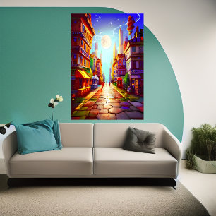 colorful city moon in the sky   AI Art  Poster