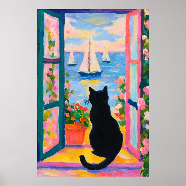 Colorful Coastal Cat Painting Window Sailboats Poster (Front)