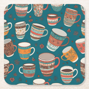 Colorful Coffee Cups Square Paper Coaster