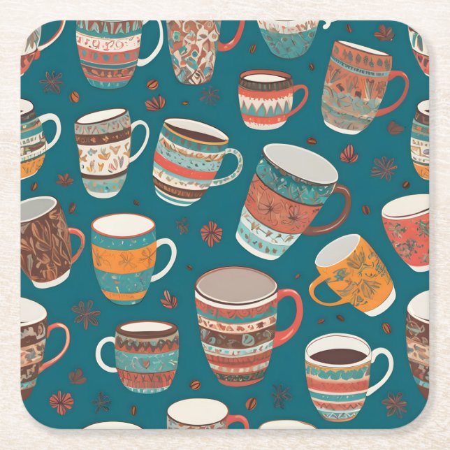Colorful Coffee Cups Square Paper Coaster (Front)