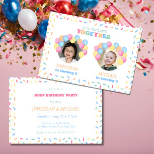Colorful Confetti Balloon Photo Dual Birthday Invitation