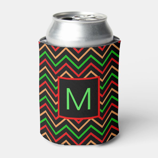 Colorful Cool Chevron on Black Monogram Can Cooler (Can Front)
