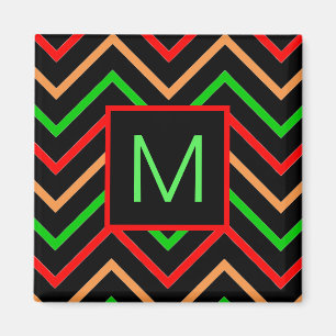 Colorful Cool Chevron on Black Monogram Magnet