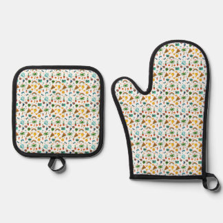 Colorful Cool Elements Pattern – Retro Summer Vibe Oven Mitt & Pot Holder Set