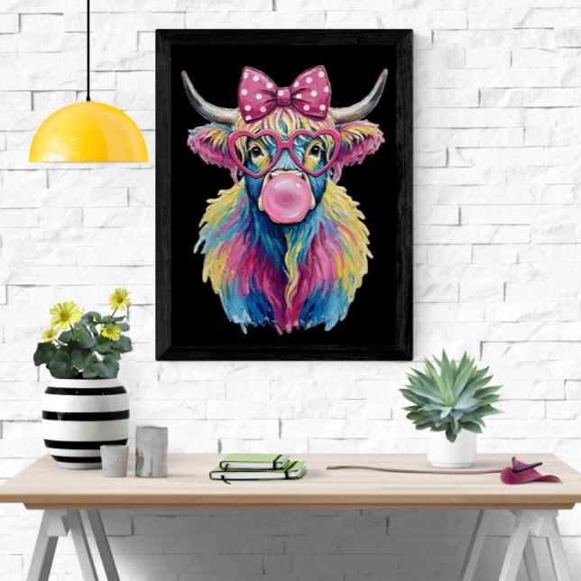 Colorful Coquette Highland Cow with Glasses & Bow Poster (Colorful Coquette Highland Cow Wall Art – Funny Bubblegum Cow Poster with Glasses & Bow)