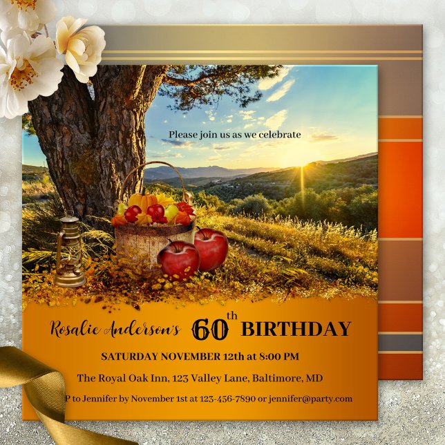 Colorful Country Fall Birthday Invitation (autumn birthday party invitation featuring a country sunset landscape scene with apples and lantern)