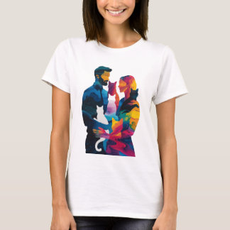 Colorful Couple and Cats Silhouette Art  T-Shirt