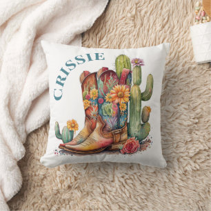 Colorful Cowgirl Boots and Cactus Personalized Cushion