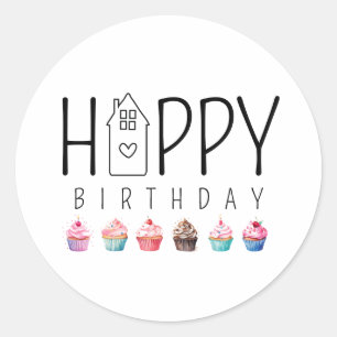 Colorful Cupcake House Happy Birthday Realty Classic Round Sticker