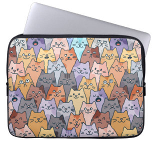 Colorful Cute Cat Crowd Pattern Whimsical Cat Face Laptop Sleeve