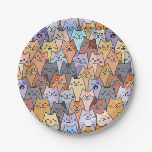 Colorful Cute Cat Crowd Pattern Whimsical Cat Face Paper Plate