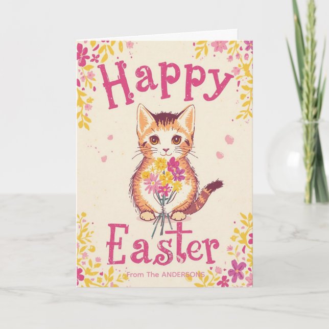 Colorful Cute Cat Easter, Personalized Easter  Holiday Card (Front)