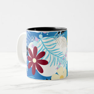 Colorful Cute Daisies Ferns Bubbles Clouds Pattern Two-Tone Coffee Mug
