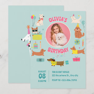 Colorful Cute Dogs photo Birthday Invitation