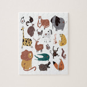Colorful cute doodle cartoon set of Wild animals . Jigsaw Puzzle