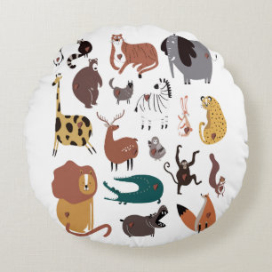 Colorful cute doodle cartoon set of Wild animals . Round Cushion