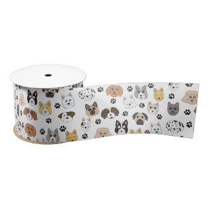 Colorful Cute Funny Dogs & Dog Paw Pattern Satin Ribbon