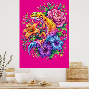 Colorful Cute Leopard Gecko Flowers Rainbow Poster