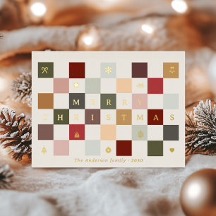 Colorful Cute Merry Christmas Vintage Checkerboard Foil Holiday Card