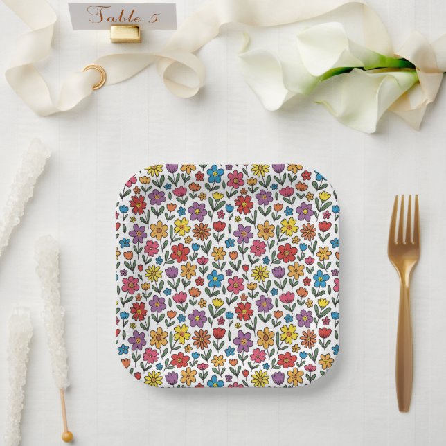 Colorful Cute Spring Flowers Paper Plates (Wedding)