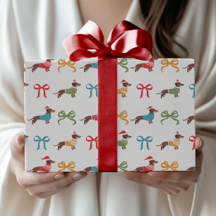 Colorful Dachshunds & Bows Festive Christmas Wrapping Paper