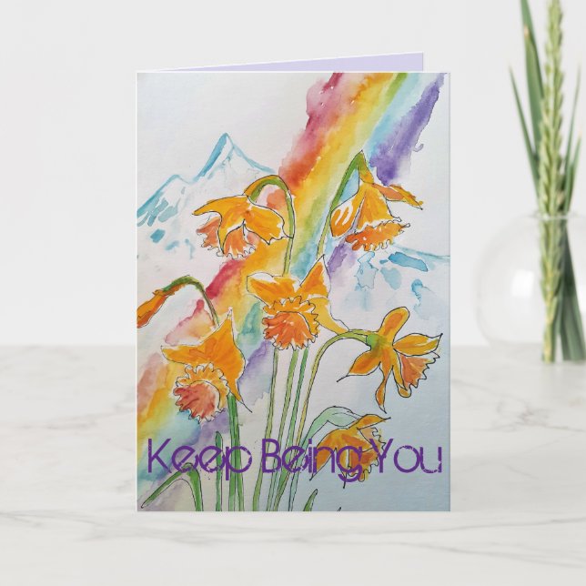 Colorful Daffodil Rainbow Watercolor Birthday Card (Front)