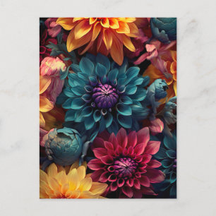 colorful dahlia flowers in dark colors postcard