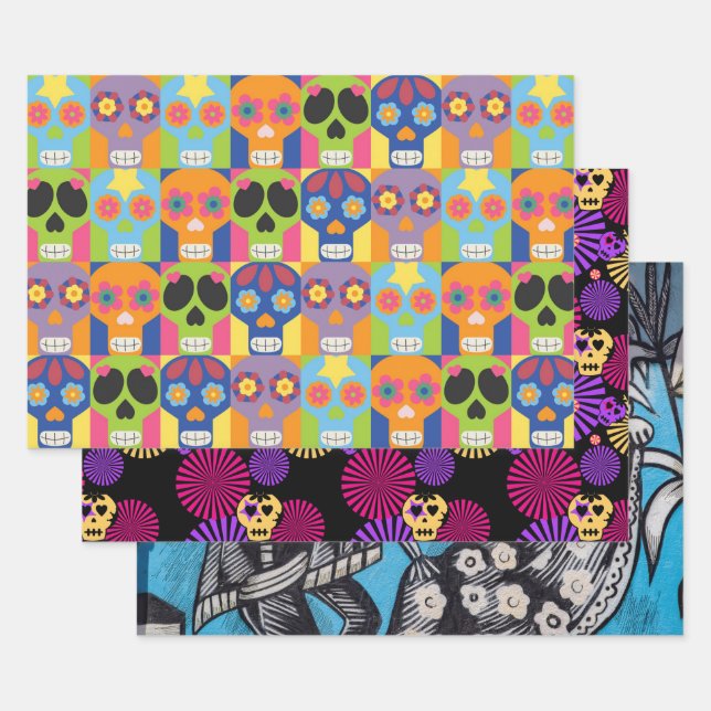 Colorful Day of the Dead Sugar Skulls Wrapping Paper Sheet (Set)
