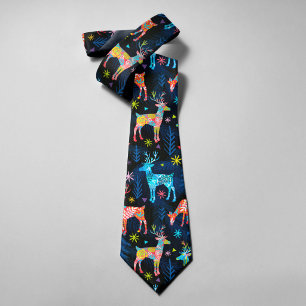 Colorful Deer Chrismas Tree Forest Star Snowflakes Tie