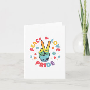 Colorful design with peace, love and pride hand invitation