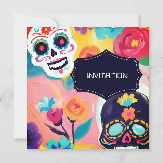 Colorful Dia De Los Muertos sugar skull Invitation (Front)