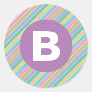 Colorful Diagonal Candy Stripes Lilac Monogram Classic Round Sticker