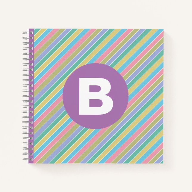 Colorful Diagonal Candy Stripes Lilac Monogram Notebook (Front)