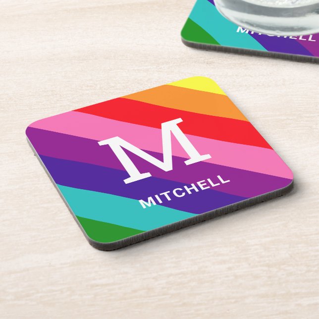 Colorful Diagonal Stripe Monogram Name Coaster (Left Side)
