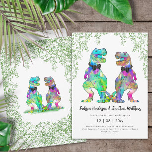 Colorful Dinosaur Gay Wedding T-Rex Two Grooms Invitation